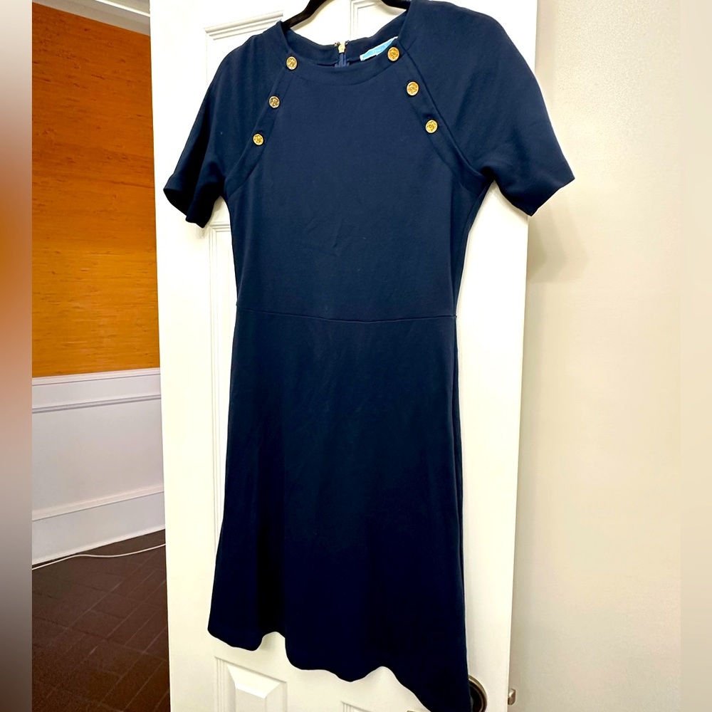 Draper James navy blue midi dress with gold button details.  Size Medium